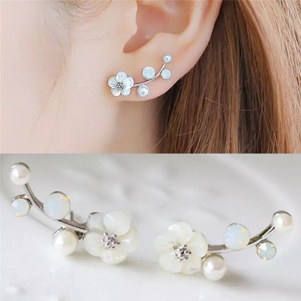 “Floral Dreams” Japanese Cherry Blossom Minimalist Spring Pearl/Diamond Earrings - Picture 5 of 6